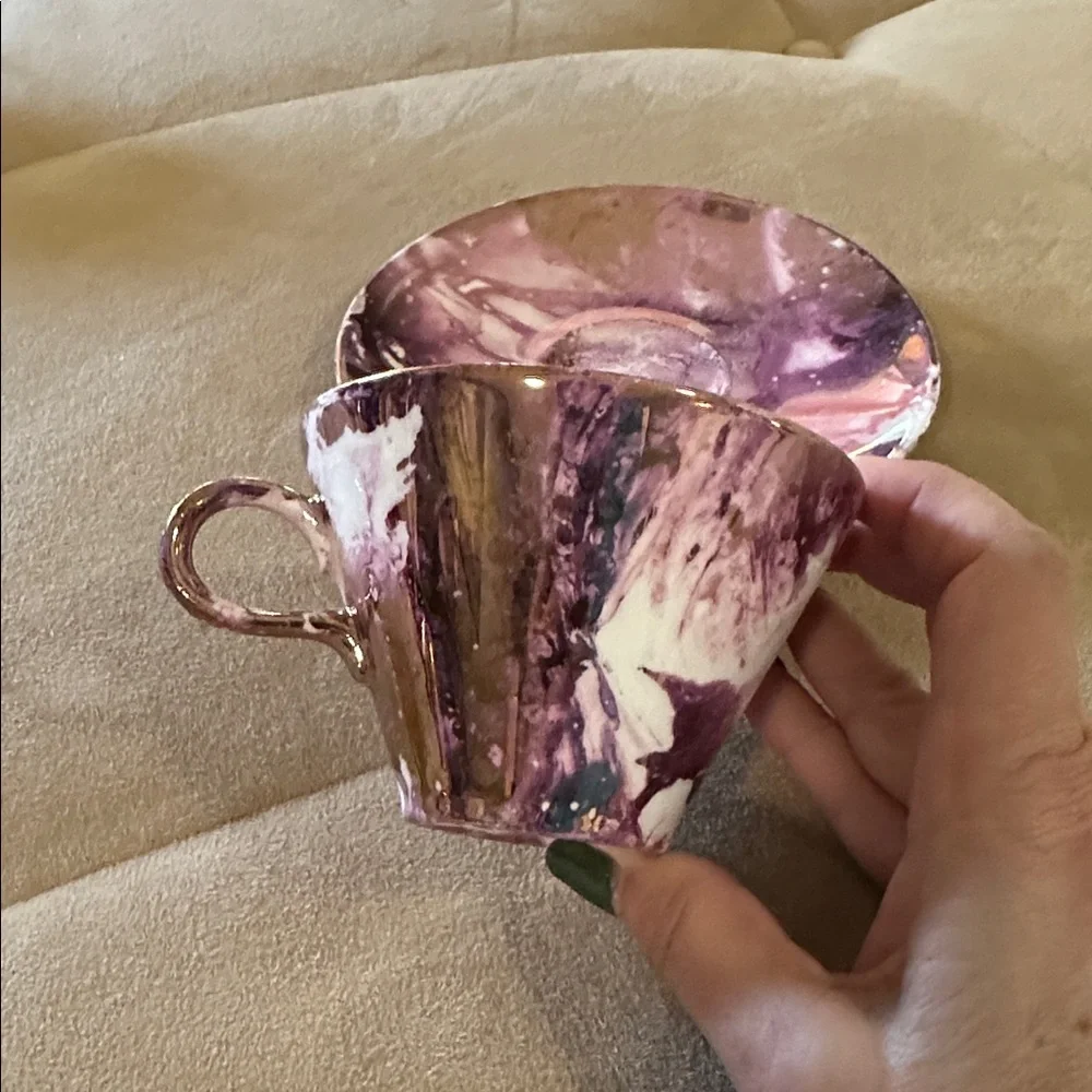 Sascha Brastoff Sacha Surf Ballet Pink Gold Teacup Tea Cup saucer Plate